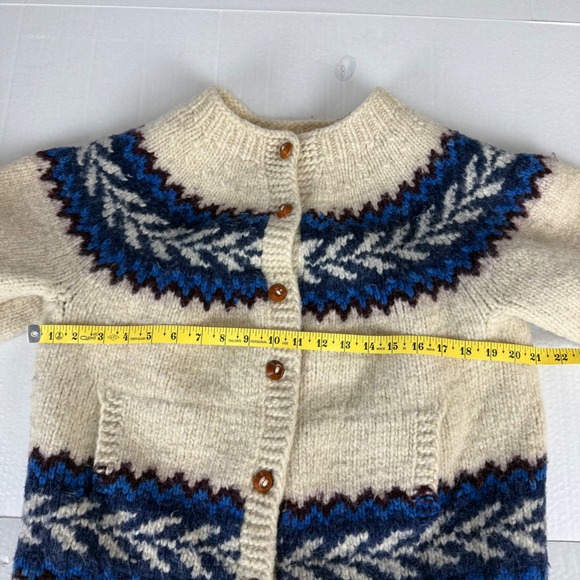 Ecuador Wool Cardigan Sweater Cream Blue Handknit Nordic Button Front Women L - Picture 4 of 7